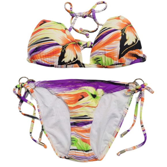 Voda Swim Envy Push Up Top Hoop String Bottom Gold Floral Tropical Bikini Large - Picture 1 of 12